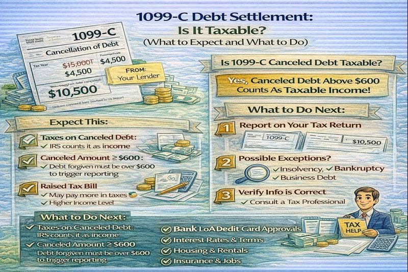 1099-C debt settlement explained, showing when canceled debt is taxable income and what steps to take after receiving a 1099-C form