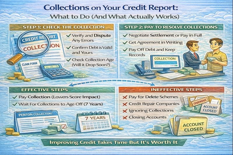 Collections on your credit report explained, showing what to do, which steps actually work, and which common tactics to avoid
