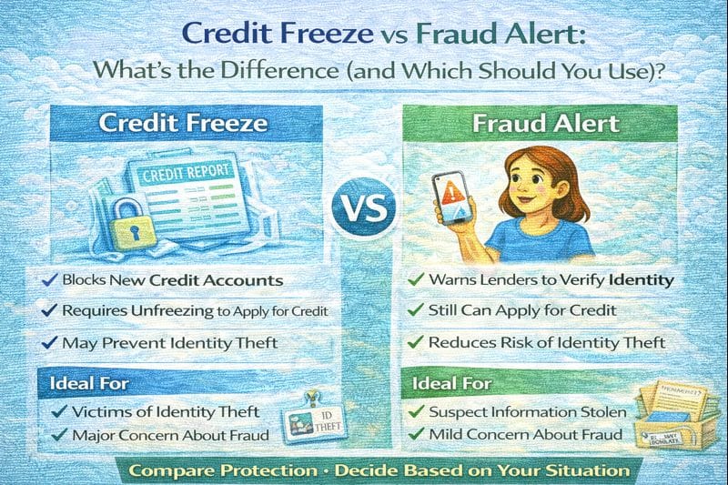 Credit freeze vs fraud alert comparison explaining the difference between the two and which option to use to protect your credit from identity theft