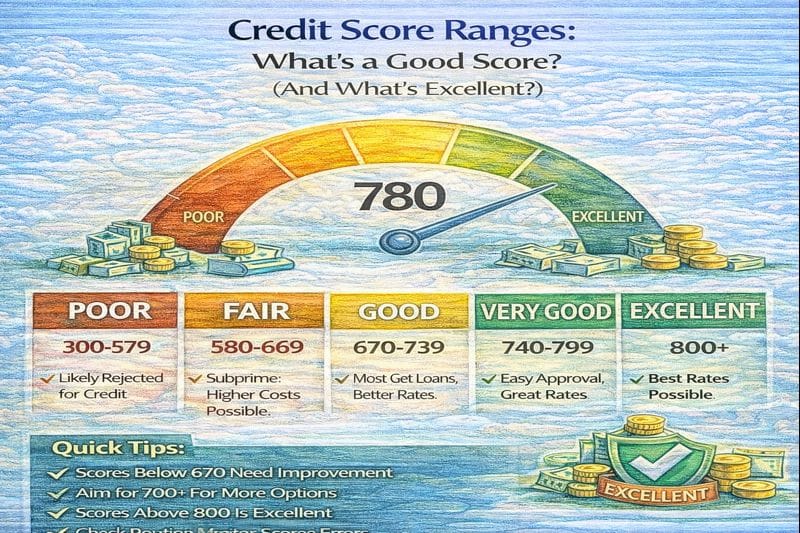 Credit score ranges explained, showing what counts as a good credit score versus an excellent score and how lenders view each range