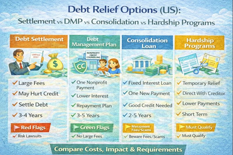 Debt relief options in the US compared, including debt settlement, debt management plan (DMP), consolidation loans, and creditor hardship programs