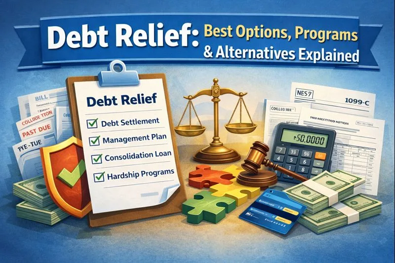 Debt relief options infographic with settlement, DMP, consolidation, hardship, and key risks.