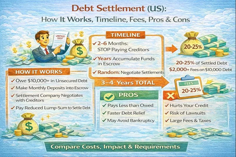 Debt settlement in the US explained, showing how it works, typical timeline, fees, and the main pros and cons for consumers