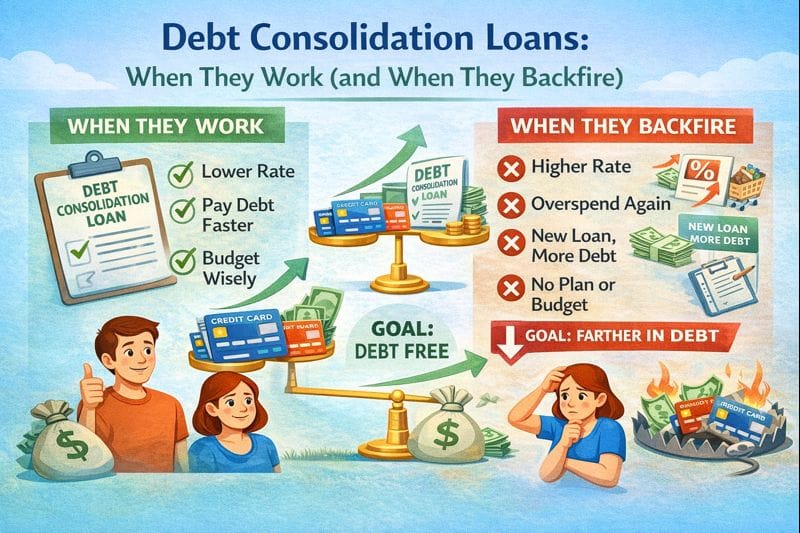 Debt consolidation loans explained, showing when consolidating debt can work to lower payments and when it can backfire with higher costs and risk