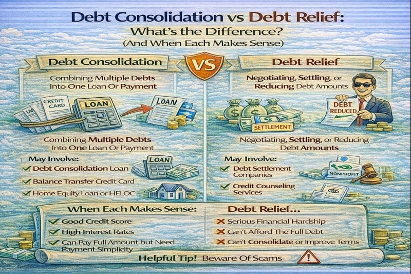 Debt consolidation vs debt relief explained, showing the key differences between the two and when each option makes sense based on costs, risk, and credit impact