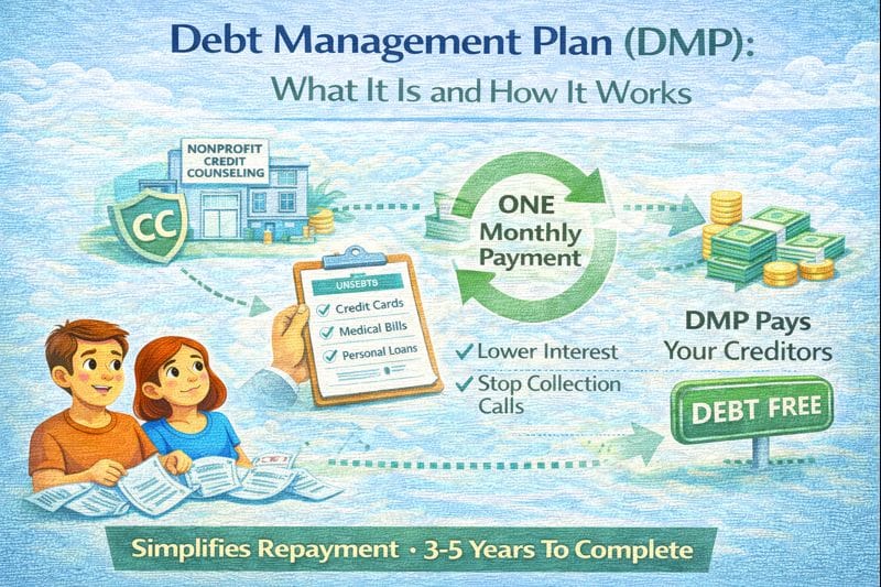 Debt management plan (DMP) explained, showing how a DMP works to repay unsecured debts through a nonprofit credit counseling program