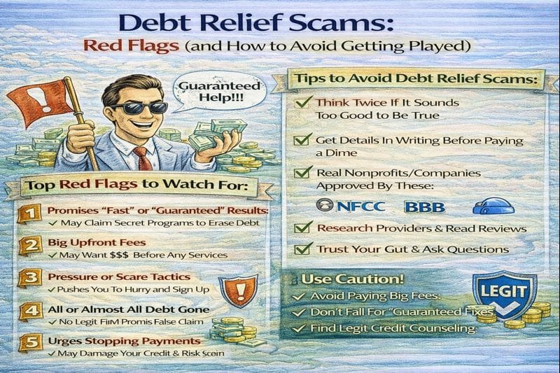 Debt relief scams explained, showing common red flags and how to avoid getting tricked by fraudulent debt relief companies