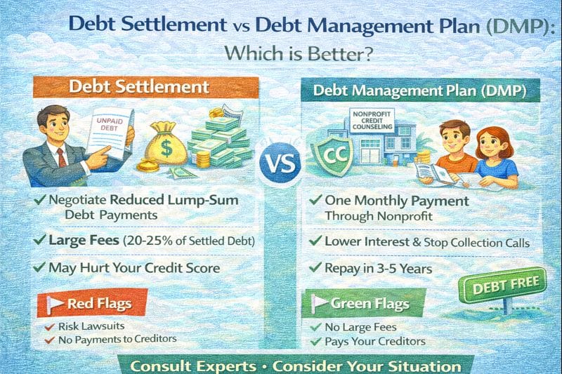 Debt settlement vs debt management plan (DMP) comparison showing which option is better based on costs, credit impact, fees, and repayment structure