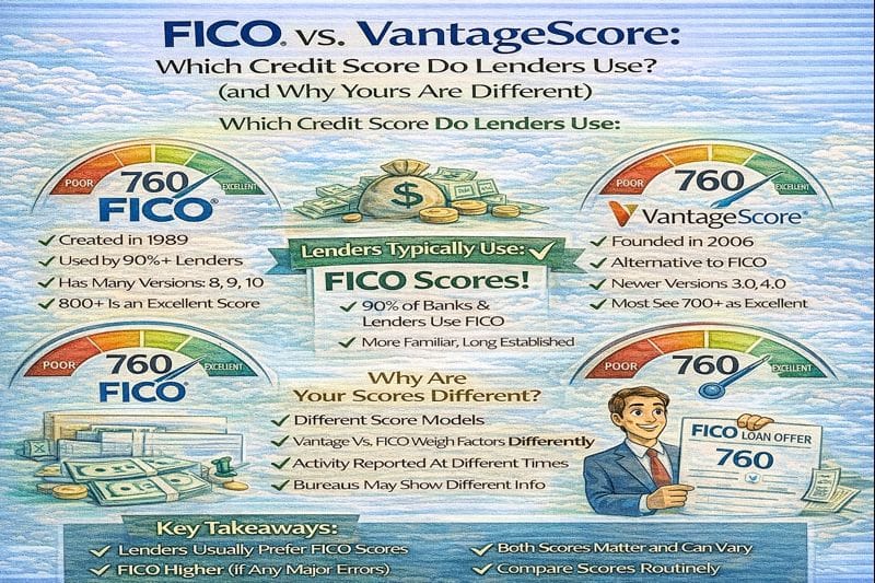 FICO vs VantageScore comparison explaining which credit score lenders use and why your scores can be different across scoring models