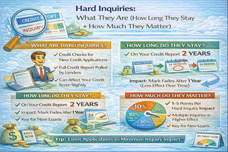 Hard inquiries explained, showing what they are, how long they stay on your credit report, and how much they affect your credit score