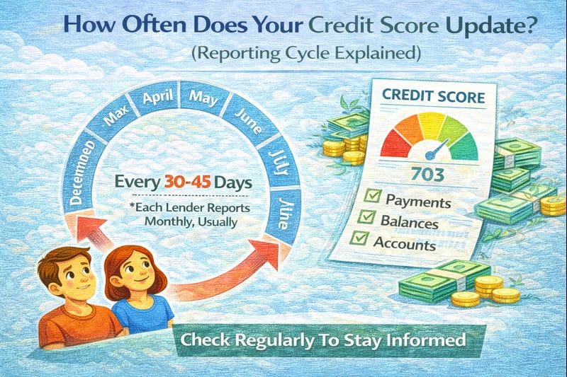 How often credit scores update explained, showing the monthly reporting cycle and how lender reporting affects score changes