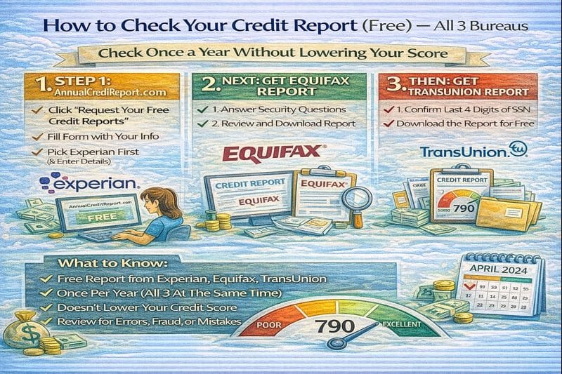 How to check your credit report for free from all three bureaus, showing how to get Experian, Equifax, and TransUnion reports without lowering your credit score