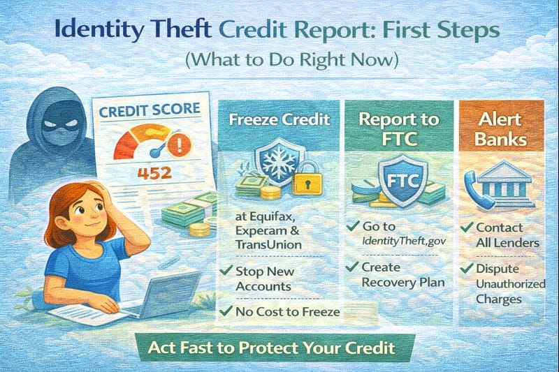 Identity theft credit report first steps showing what to do right away, including freezing credit, reporting to the FTC, and disputing fraudulent accounts