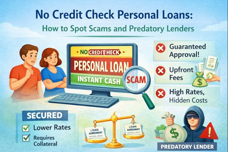 No credit check personal loans warning image showing how to spot scams, guaranteed approval claims, upfront fees, and predatory lenders