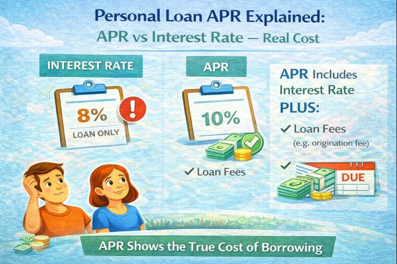 Personal loan APR explained, comparing APR vs interest rate to show the real cost of borrowing including fees