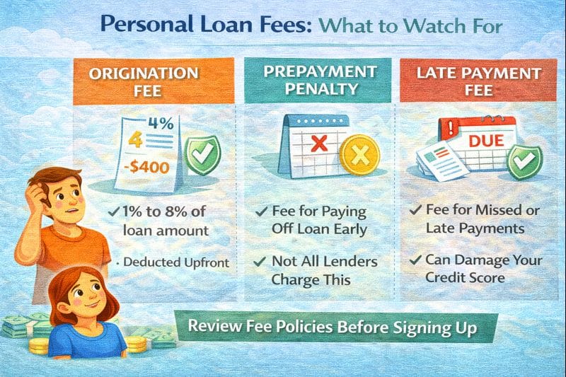 Personal loan fees overview showing origination fees, prepayment penalties, and late fees to watch before taking a loan