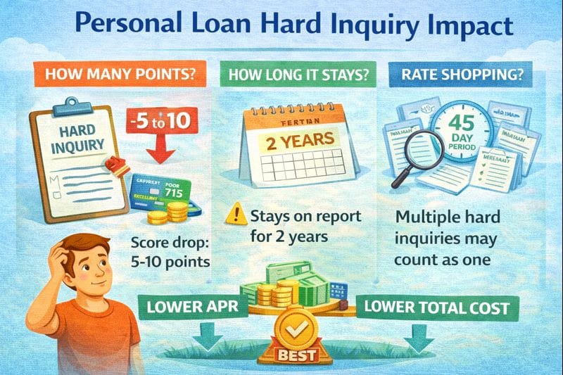 Personal loan hard inquiry impact explaining how many credit score points it can lower, how long inquiries stay on a credit report, and how rate shopping works