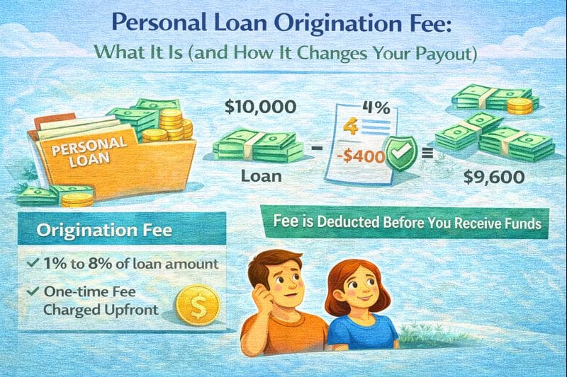 Personal loan origination fee explained, showing how an upfront fee is deducted from the loan amount and changes the cash payout