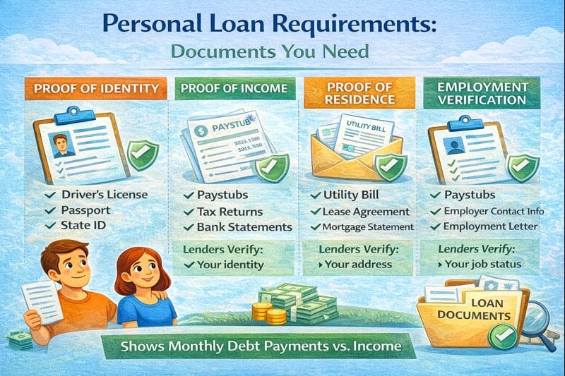 Personal loan requirements overview showing required documents and what lenders verify, including income, identity, employment, and credit history