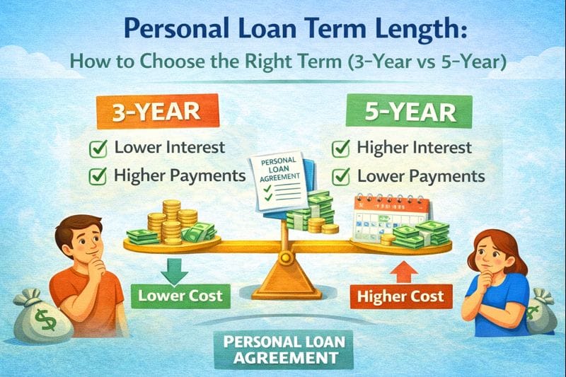 Personal loan term length comparison showing how to choose between a 3-year vs 5-year loan based on payments, interest, and total cost