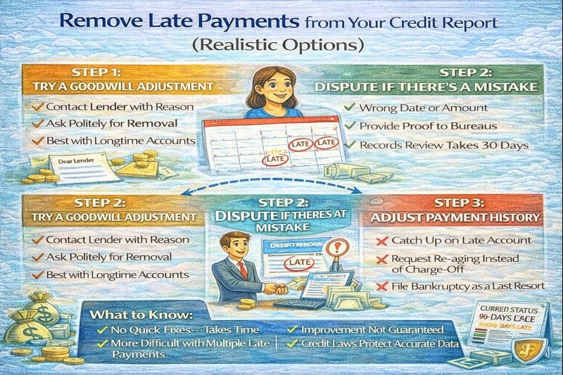 Removing late payments from your credit report explained, showing realistic options that can work and common myths that usually don’t