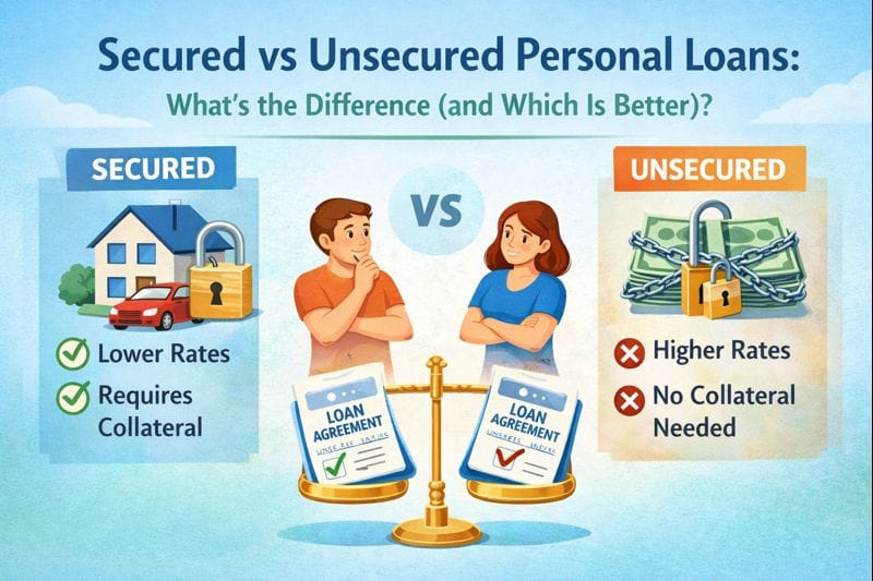 Secured vs unsecured personal loans compared, showing collateral requirements, interest rates, and how to choose which option is better
