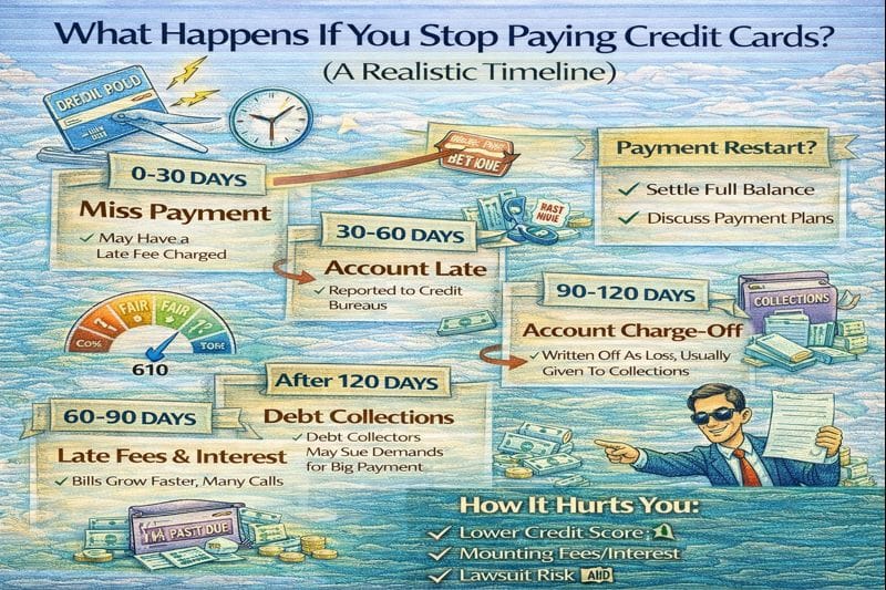 What happens if you stop paying credit cards explained, showing a realistic timeline from missed payments to collections, charge-offs, and lawsuit risk